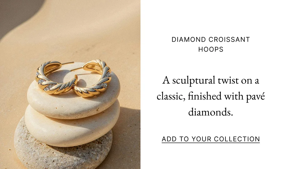 Diamond Croissant Hoops  A sculptural twist on a classic, finished with pavé diamonds.  Add to Your Collection