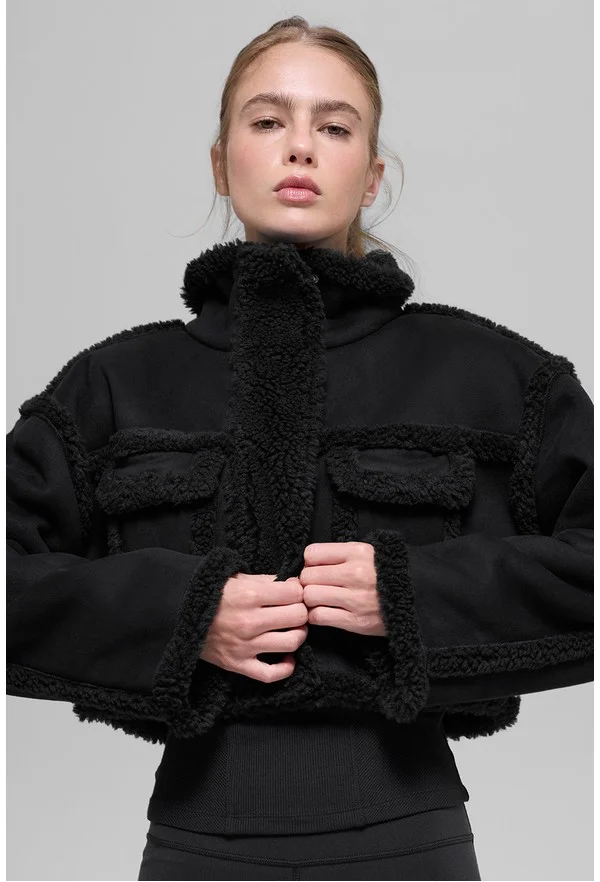 Faux Shearling Snowfall Cropped Jacket - Black - Black / M