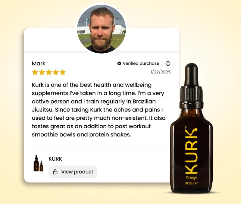 Mark ⭐⭐⭐⭐⭐ "Kurk is one of the best health and wellness supplements I’ve taken in a long time. Since taking it, the aches and pains I used to feel are pretty much non-existent. It also tastes great as an addition to post-workout smoothie bowls and protein shakes."  [ VIEW PRODUCT ]