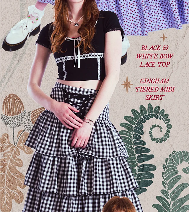 Black and White Bow Lace Top and Gingham Tiered Midi Skirt
