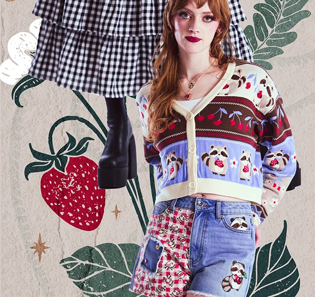 Raccoons and Cherries Cardigan and Gingham Patch Denim Shorts