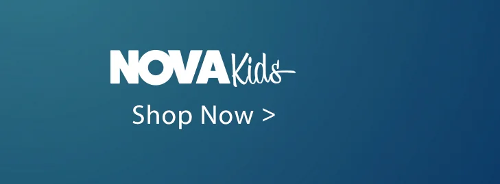 White 'NOVA Kids' logo and 'Shop Now' text on a blue gradient background, inviting customers to browse children's apparel.