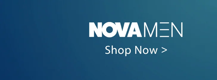 White NOVA MEN logo and "Shop Now >" call to action on a dark blue gradient banner. Explore new men's clothing and fashion for modern styles.