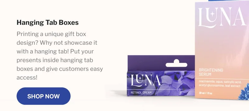 Hanging Tab Boxes | Printing a unique gift box design? why not showcase it with a hanging tab! Put your presents inside hanging tab boxes and display them for everyone to see!