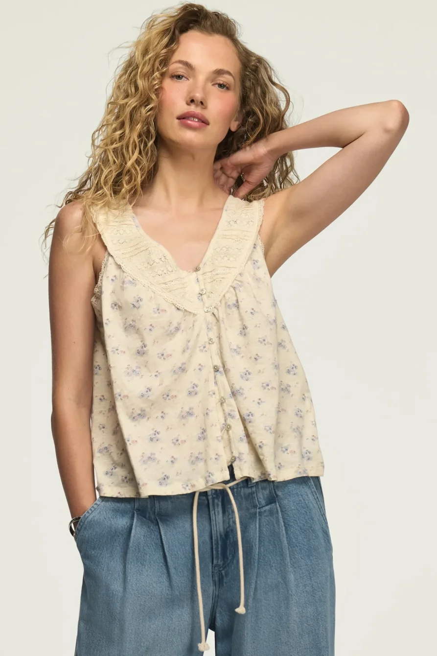 Image of Lucky Brand Lace Yoke V Neck Top - Women's Clothing V Neck Tops Tee Shirts in Raven