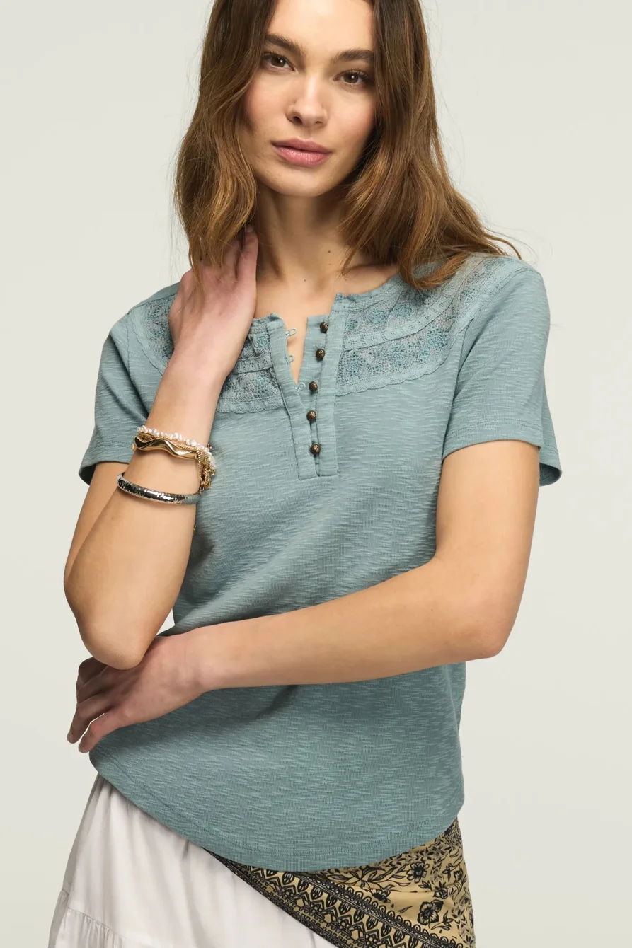 Image of Lucky Brand Embroidered Yoke Henley Tee - Women's Clothing Tops Shirts Tee Graphic T Shirts in Light Indigo