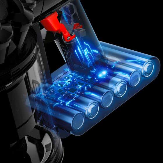 Cutaway graphic showing the battery cells within the handle of the Dyson Car+Boat vacuum cleaner.
