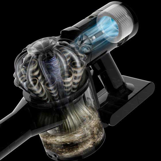 Cutaway graphics showing how the fully sealed design of the Dyson Car+Boat vacuum captures microscopic particles.