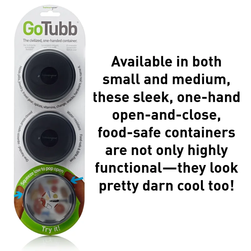 Pack of 3 black GoTubbs, text that reads "Available in both small and medium, these sleek, one-hand open-and-close, food-safe containers are not only highly functional—they look pretty darn cool too!"