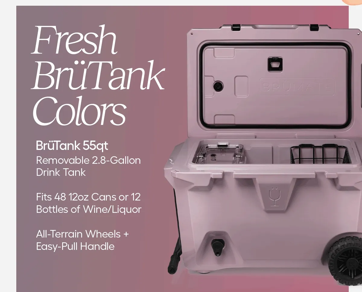 Fresh BrüTank Colors. BrüTank 55qt, Removable 2.8 Gallon Drink Tank, Fits 48 12oz Cans or 12 Bottles of Wine/ Liquor, All-Terrain Wheels + Easy-Pull Handle