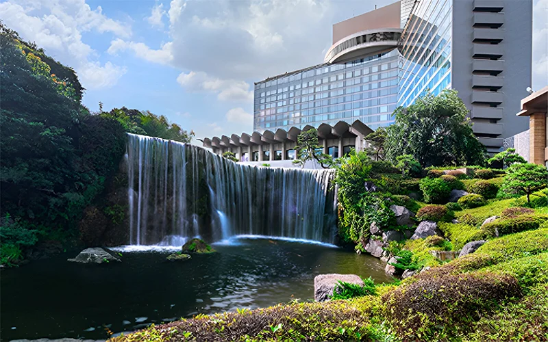 New Otani Hotel Tokyo's vast garden is home to rock gardens, tree fossils, an active koi pond, and a vast waterfall that spans much of the park.