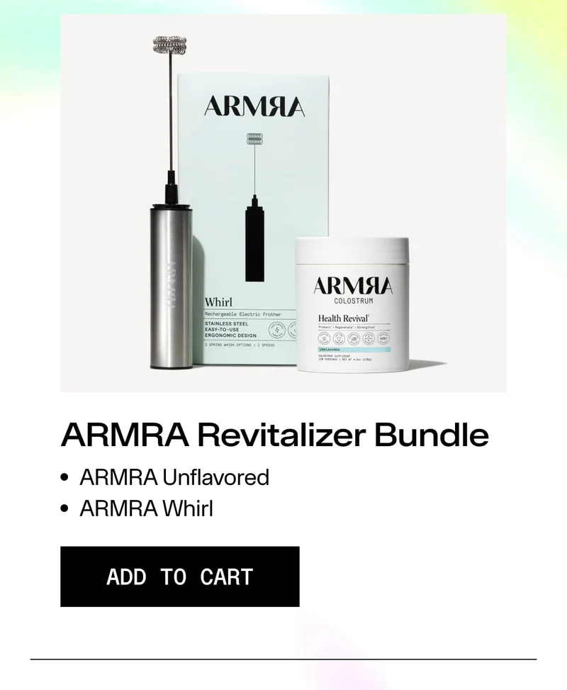 ARMRA Revitalizer Bundle featuring ARMRA Unflavored and ARMRA Whirl frother. Add to cart.