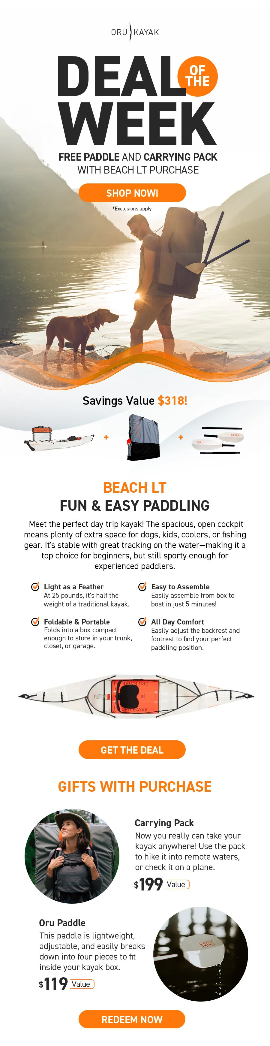 New Deal of the Week! Get a FREE Paddle & Carrying Pack with Beach LT Purchase ($318 Value)
