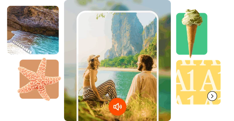 image of different tiles including a center image of people on a beach