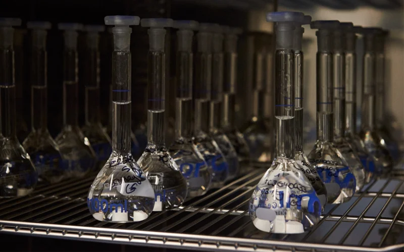 Test tubes are used to measure the release rate of naltrexone at Go Medical Industries in Subiaco, Australia, in 2019.