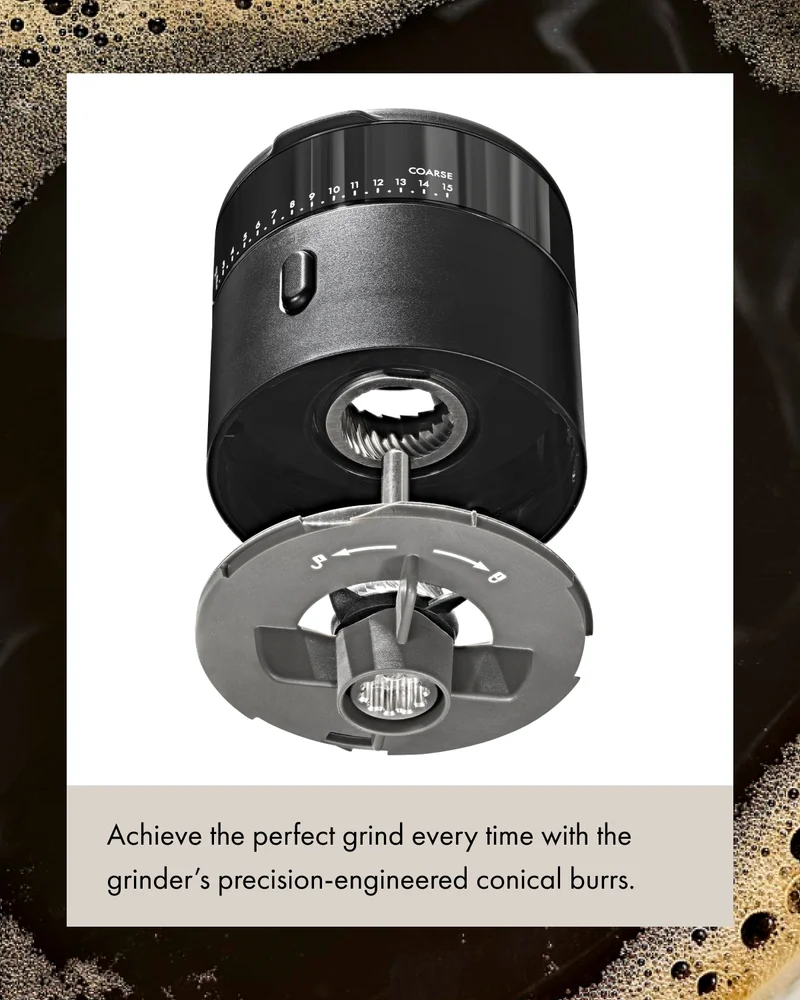 Achieve the perfect grind every time with the grinder's precision-engineered conical burrs.