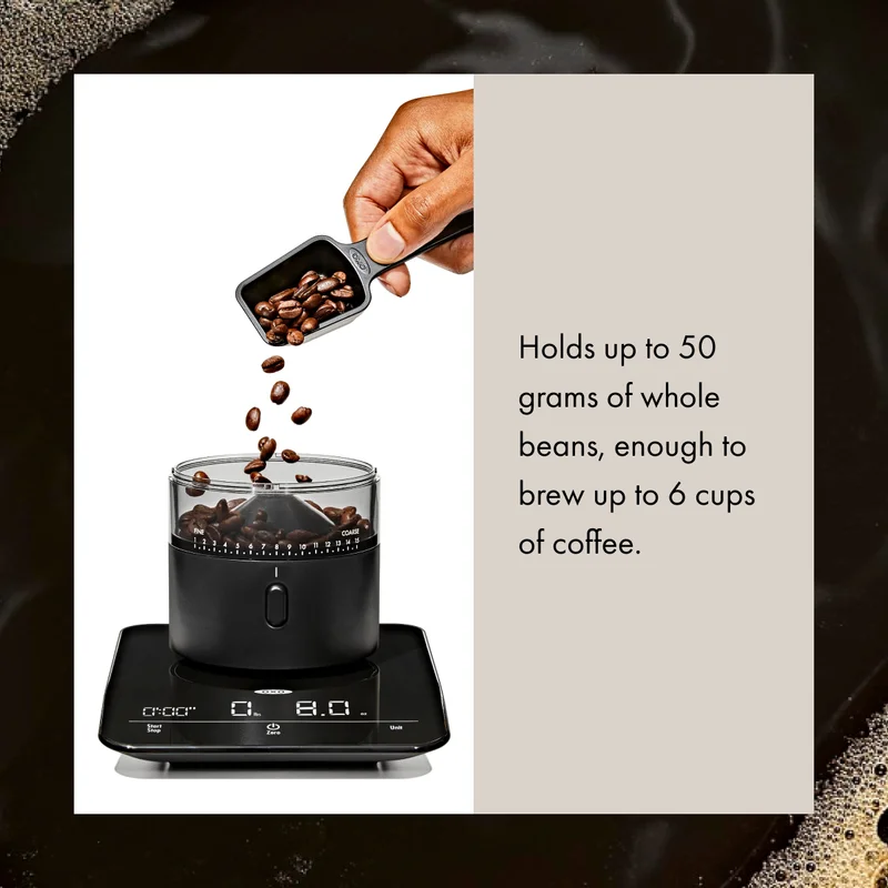 Holds up to 50 grams of whole beans, enough to brew up to 6 cups of coffee.