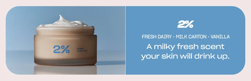 2% fresh dairy accord • milk carton accord • vanilla A milky fresh scent your skin will drink up.