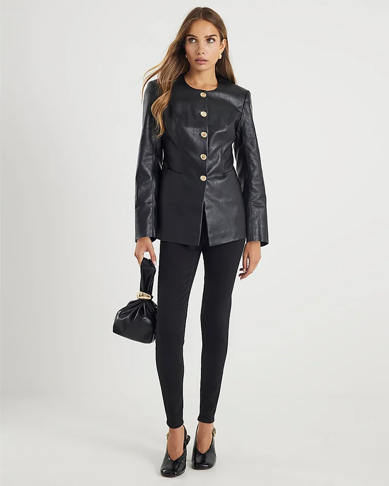 Black Faux Leather Button Collarless Jacket Black Faux Leather Button Collarless Jacket