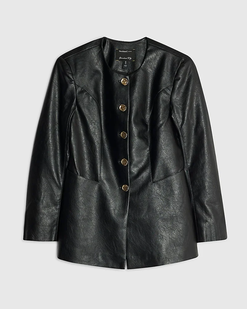 Black Faux Leather Button Collarless Jacket Black Faux Leather Button Collarless Jacket