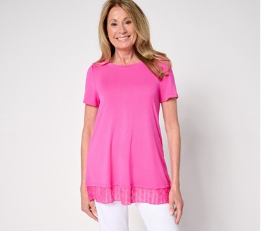 LOGO Layers by Lori Goldstein Knit Short Sleeve Top with Lace Hem