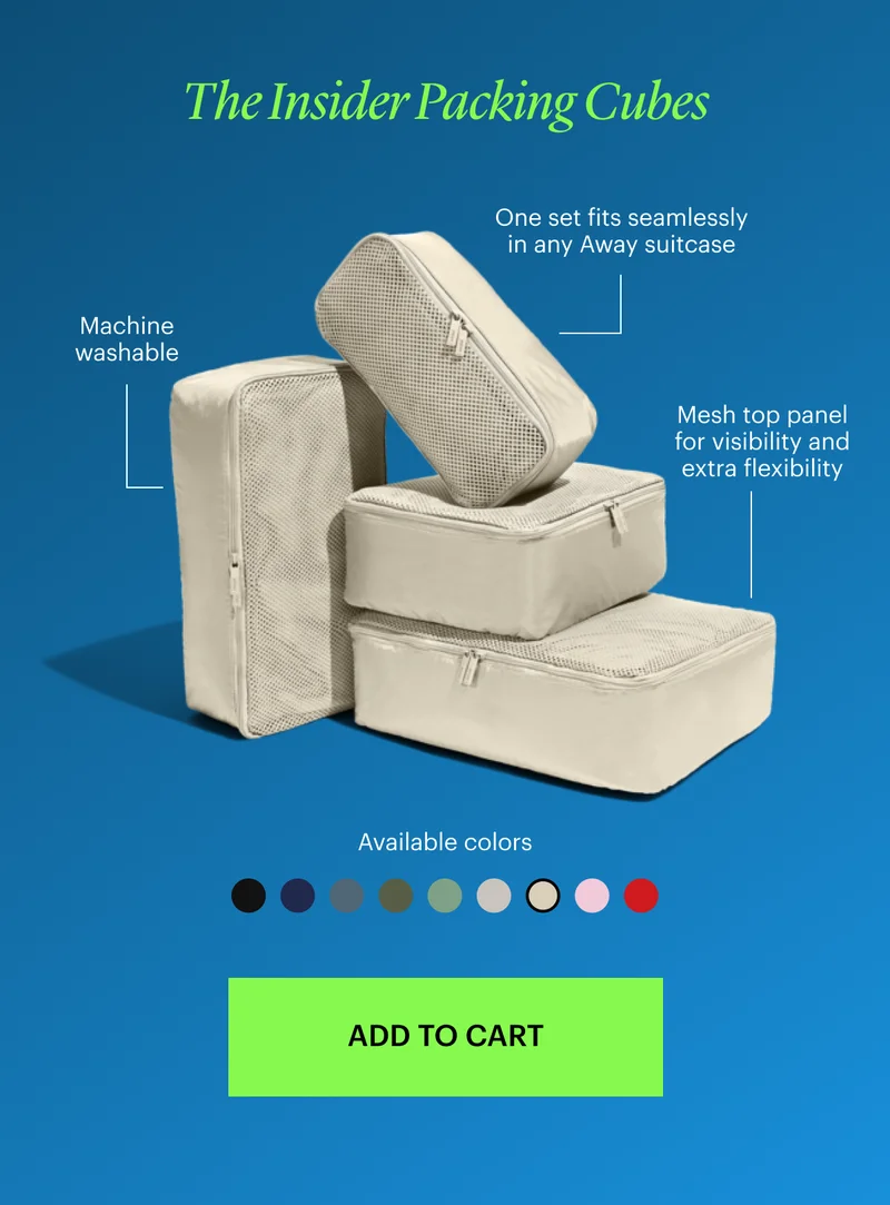 The Insider Packing Cubes: Our gift to you, One set fits seamlessly in any Away suitcase, Machine washable, Mesh top panel for visibility and extra flexibility