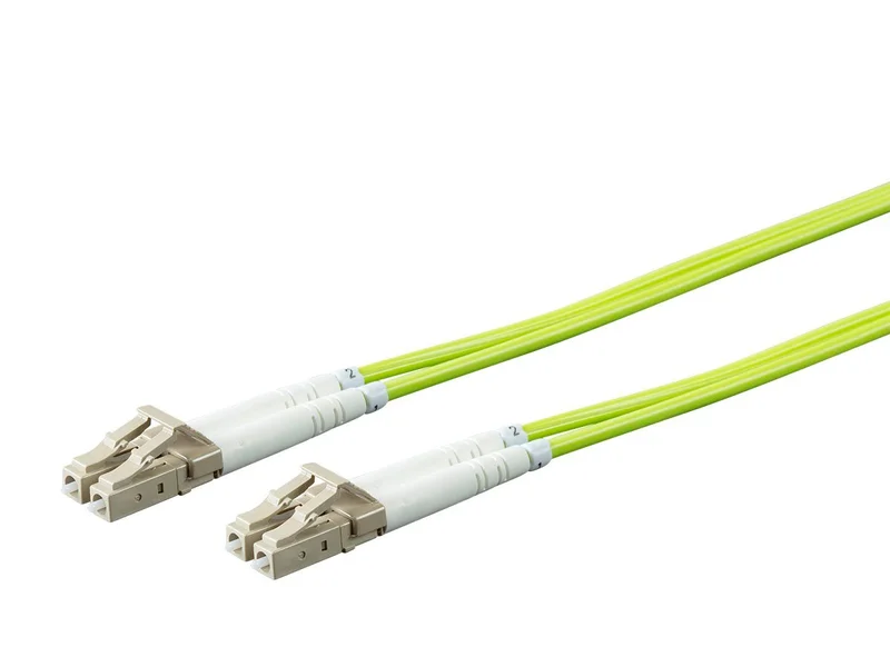 OM5 Fiber Optic Cable, LC/LC UPC, 40Gb, Duplex Multi-Mode 50/125 Type, UL, OFNR, Corning, Lime Green, 1m