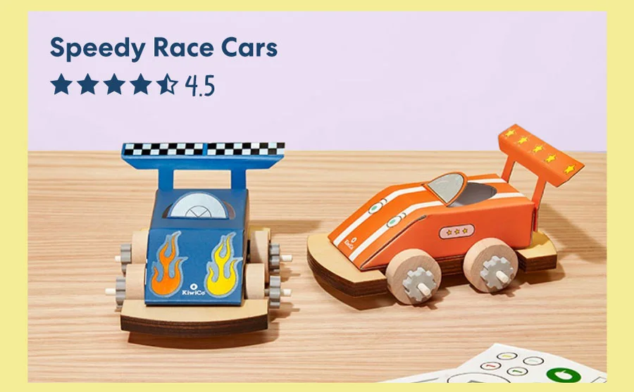 Speedy Race Cars (4.5 stars) – A wooden race car kit with a launcher.