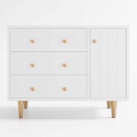 Finn Wide White Wood 3-Drawer Kids Dresser with Door