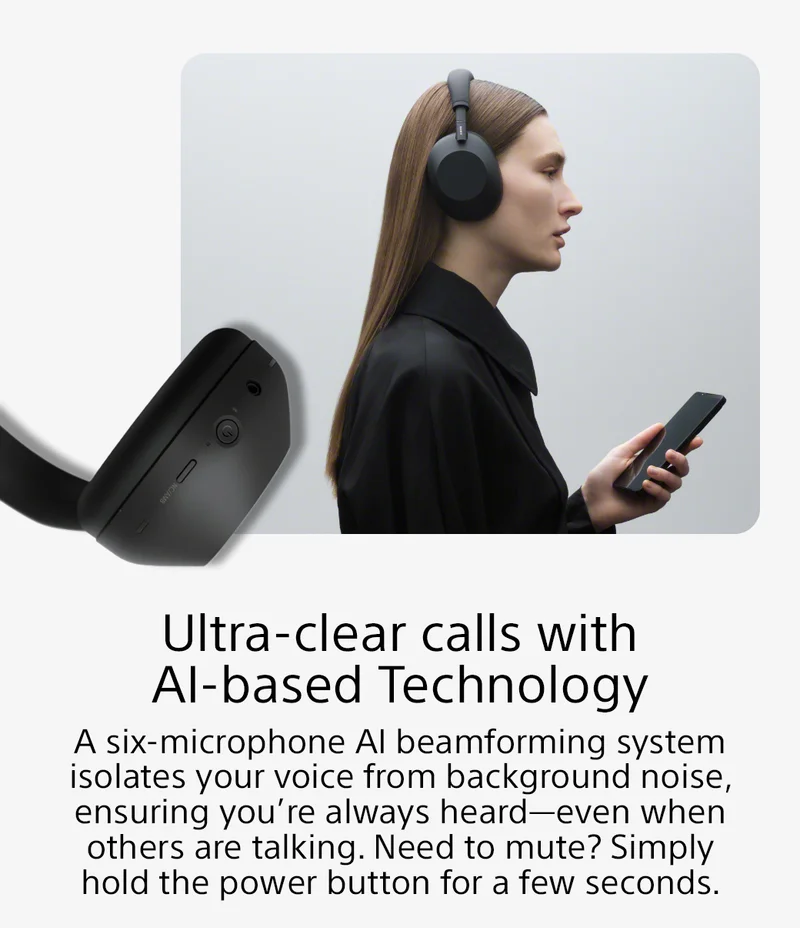 Ultra-clear calls with AI based technology | A six-microphone AI beamforming system isolates your voice from background noise, ensuring you’re always heard—even when others are talking. Need to mute? Simply hold the power button for a few seconds.
