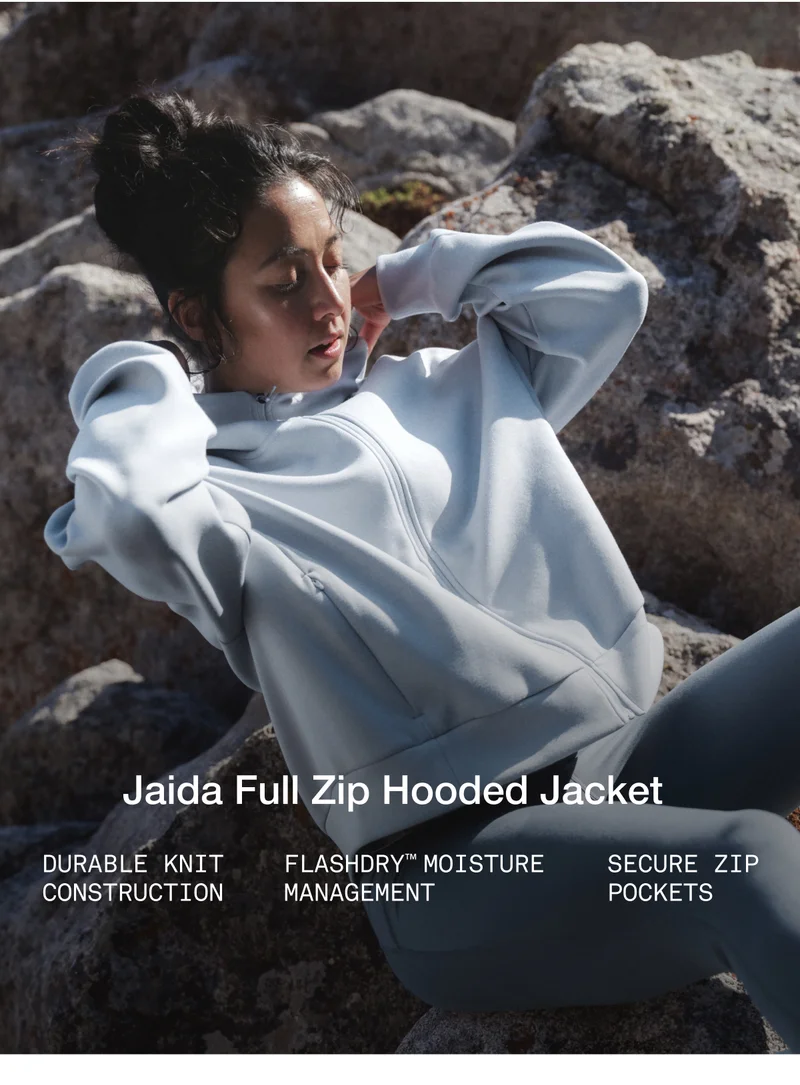 Jaida Full Zip Hooded Jacket. DURABLE KNIT CONSTRUCTION. FLASHDRY MOISTURE MANAGEMENT. SECURE ZIP POCKETS.