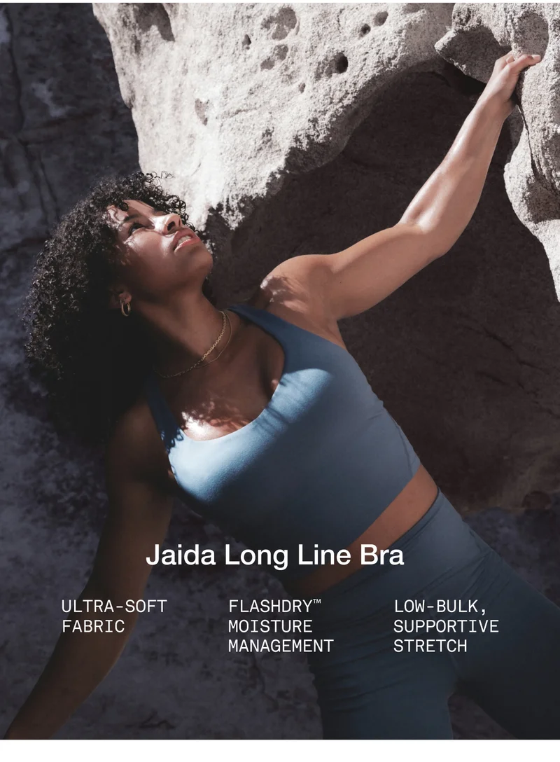 Jaida Long Line Bra. ULTRA SOFT FABRIC. FLASHDRY MPISTURE MANAGEMENT. LOW-BULK SUPPORTIVE STRETCH