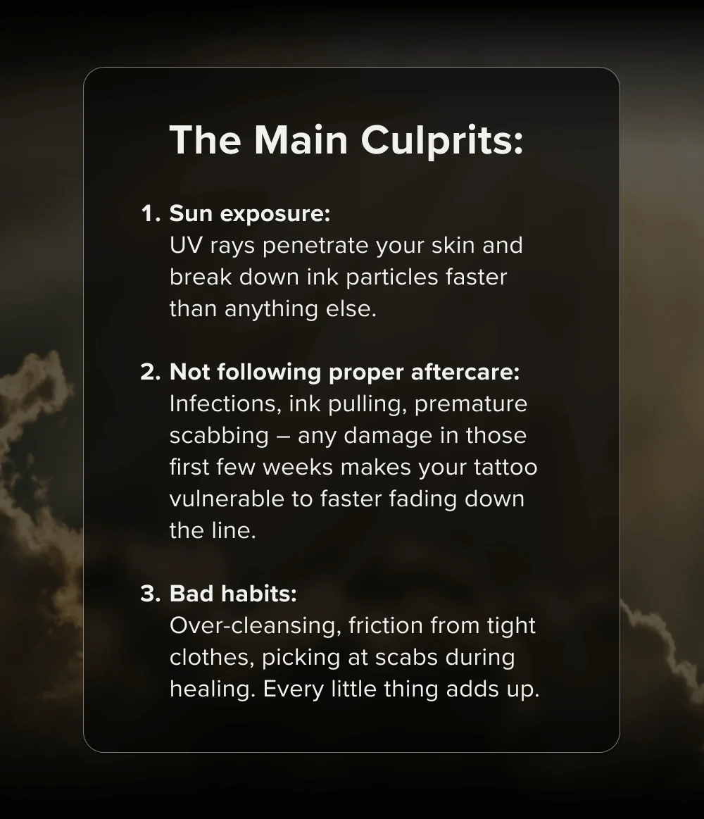 The Main Culprits:  Sun exposure UV rays penetrate your skin and break down ink particles faster than anything else.  Not following proper aftercare Infections, ink pulling, premature scabbing – any damage in those first few weeks makes your tattoo vulnerable to faster fading down the line.  Bad habits Over-cleansing, friction from tight clothes, picking at scabs during healing. Every little thing adds up.