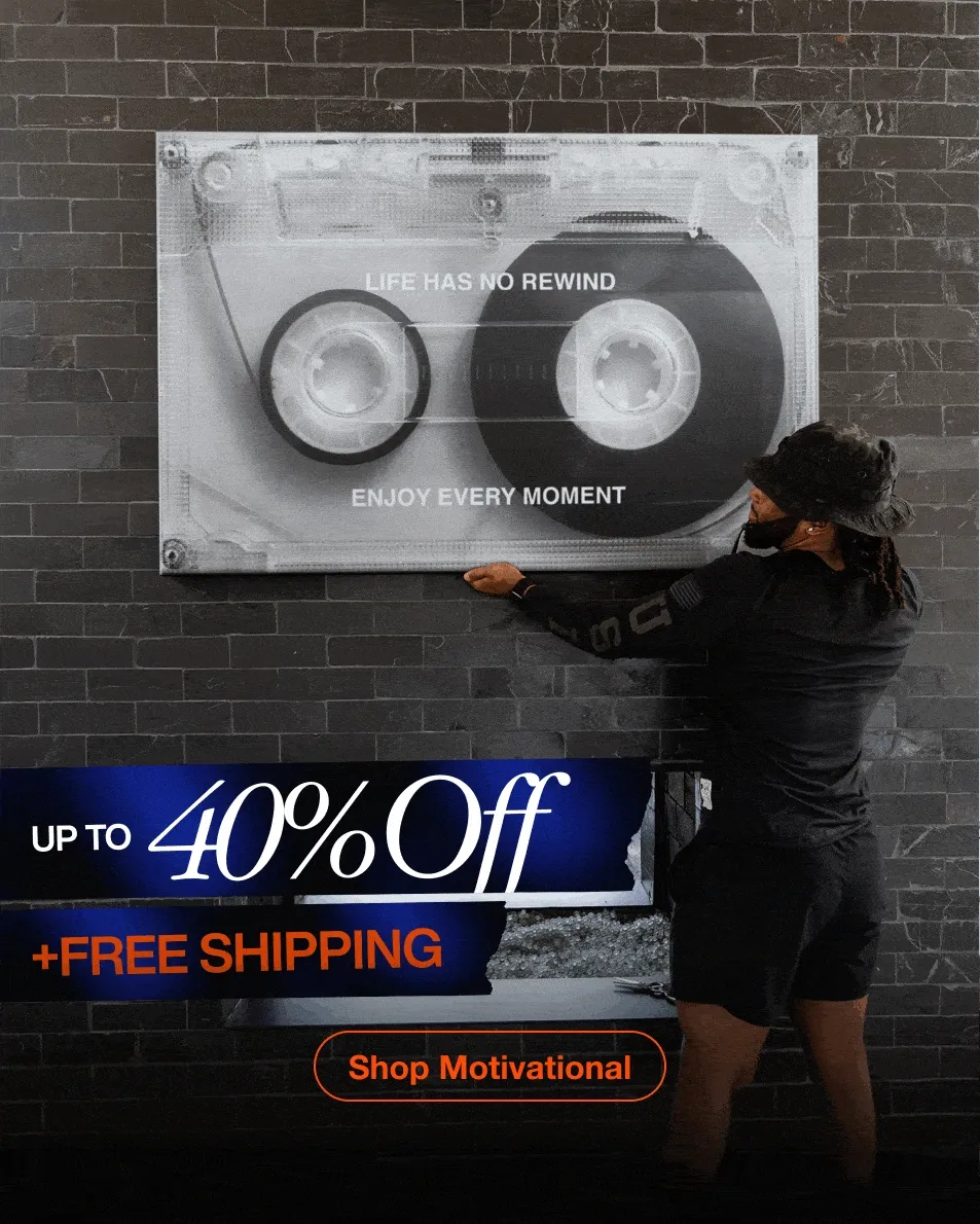 Customers unboxing and hanging IKONICK motivational canvases in their homes, featuring various designs, with a banner promoting up to 40% off plus free shipping. Customers unboxing and hanging IKONICK motivational canvases in their homes, featuring various designs, with a banner promoting up to 40% off plus free shipping.