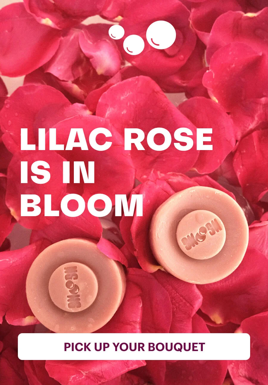 Two bars of smoosh lilac rose bar soap on rose petals