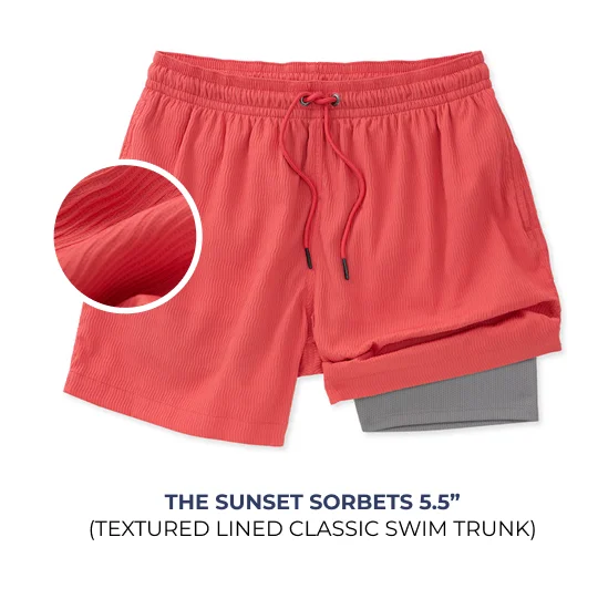 Textured Lined Classic Swim Trunk: The Sunset Sorbets 5.5"