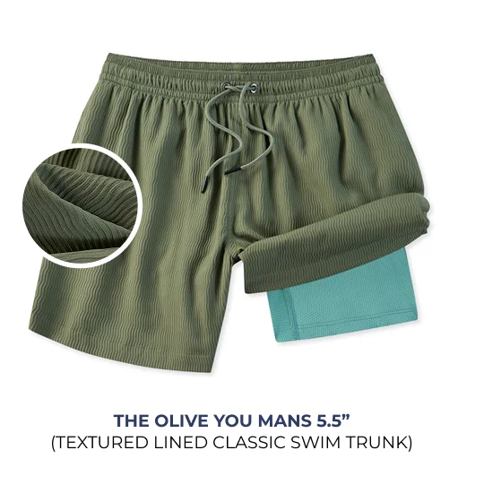 Textured Lined Classic Swim Trunk: The Olive You Mans 5.5"