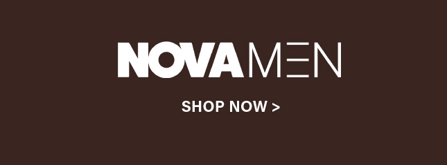 NOVAMEN brand logo in white on a brown background, featuring a "SHOP NOW >" call to action button. Explore the latest men's fashion.