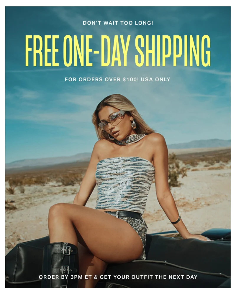 Stylish woman in silver sequin top, leopard shorts, sunglasses, promoting FREE ONE-DAY SHIPPING on next day outfits.