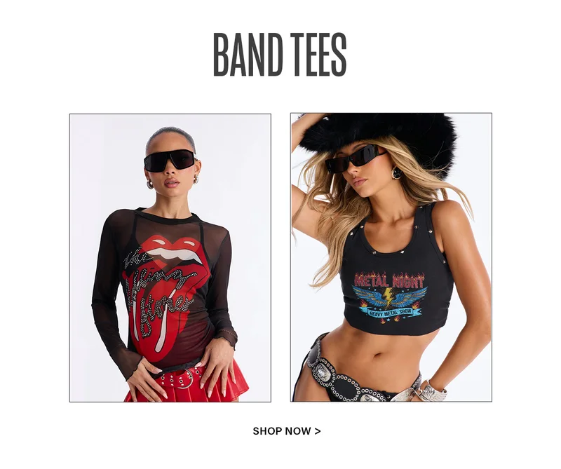 Models display a stylish band tees collection: a black sheer Rolling Stones top with red skirt, and a black studded metal tank top with BOGO FREE offer.