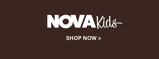 White "NOVA Kids" logo in bold and script fonts, above a "SHOP NOW" button on a dark brown background. Shop new arrivals in kids' fashion.