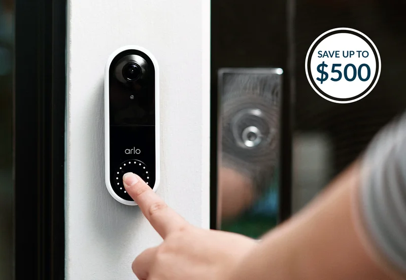 Save up to $500. Person clicking the button on an Arlo Essential Video Doorbell.