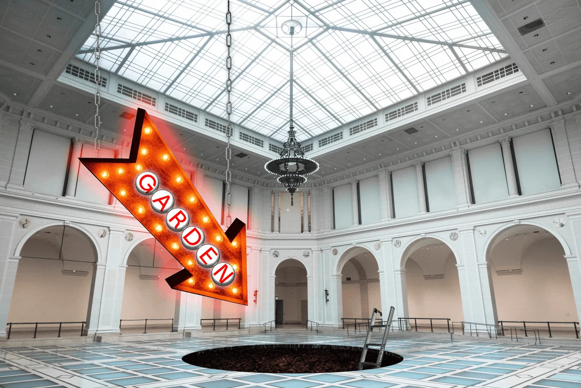 A GIF of a giant hole in the Beaux Arts Court with a neon arrow sign reading "Garden" and a hole in a garden with a neon arrow sign reading "Museum!!! Museum!!! Museum!!!"