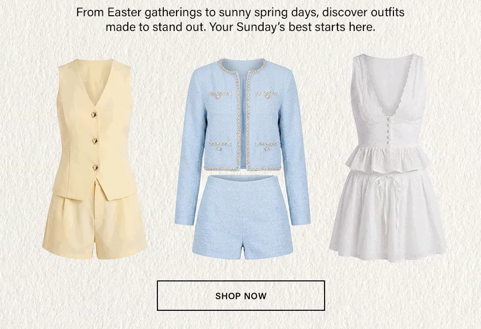 Stylish spring fashion collection: pale yellow vest set, blue tweed shorts suit, white eyelet lace top and skirt. Perfect Easter and sunny day outfits.