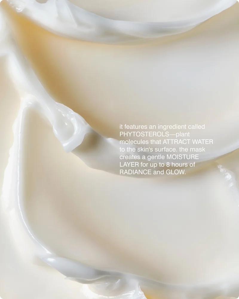 the mask features an ingredient called PHYTOSTEROLS—plant molecules that ATTRACT WATER to the skin's surface. They help create a gentle MOISTURE LAYER for up to 8 hours of RADIANCE and GLOW. ​