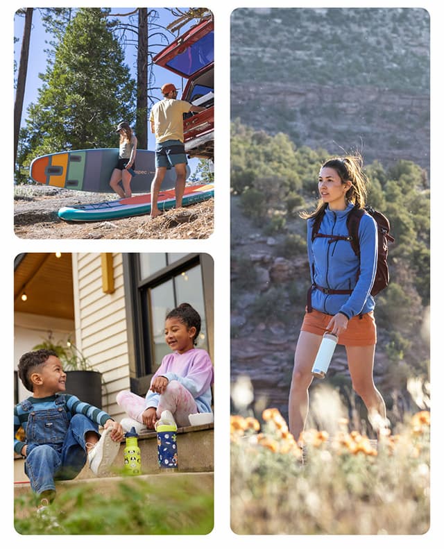 Photos of hiker, paddleboarding and kids at home