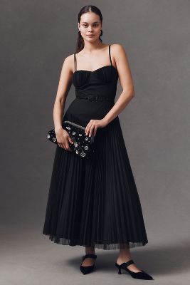 Hutch Amara Corset Pleated Tulle Drop-Waist Fit & Flare Midi Dress