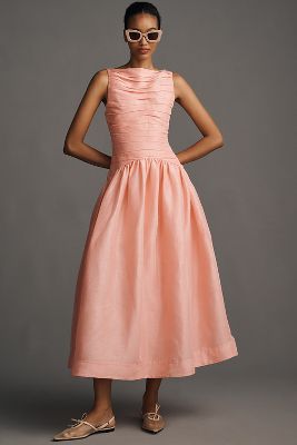 Lovaan Val Sleeveless Ruched Linen-Silk Midi Dress