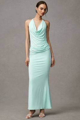 Katie May Selene Halter Cowl-Neck Mermaid Ruched Maxi Dress
