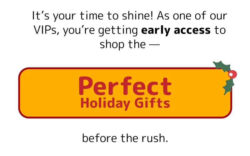 It’s your time to shine! As one of our VIPs, you’re getting early access to shop the — Perfect Holidays Gifts  Before rush